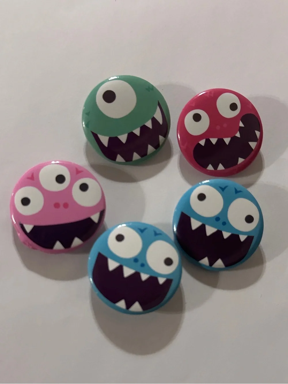 Set of 5 Colorful Monster Buttons - Pink, Green, Red, Blue - Prizes Favors Gifts